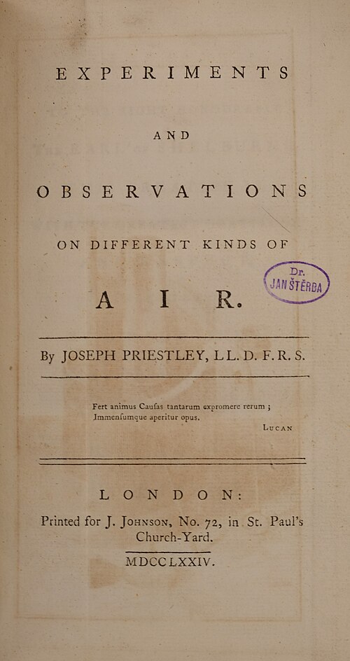 صفحة العنوان للمجلد الأول من كتاب التجارب والملاحظات على أنواع مختلفة من الهواء (1774)