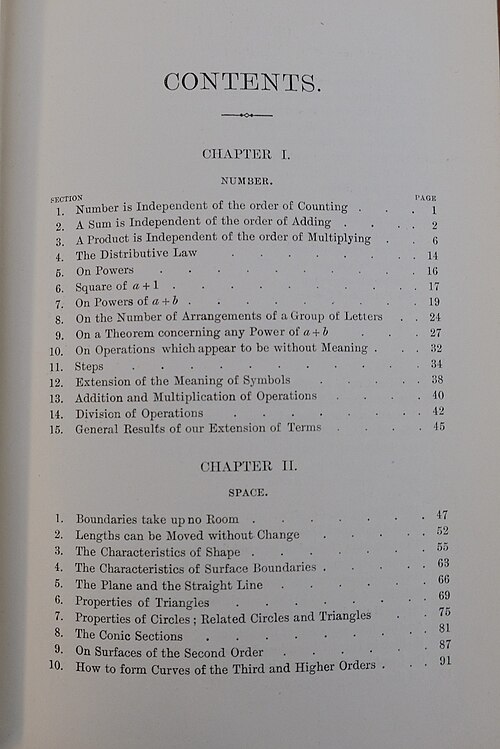 صفحة جدول المحتويات لنسخة عام 1885 من كتاب "الفطرة السليمة للعلوم الدقيقة"