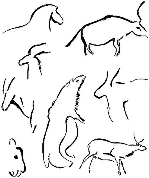 رسومات بدائية لحيوانات مرسومة على جدران الكهف، نسبها برويل إلى العصر الأورينياسي المبكر. تمثل هذه الرسومات الحصان، والوعل، ودب الكهوف، والماشية البرية، والرنة. (نقلاً عن برويل).