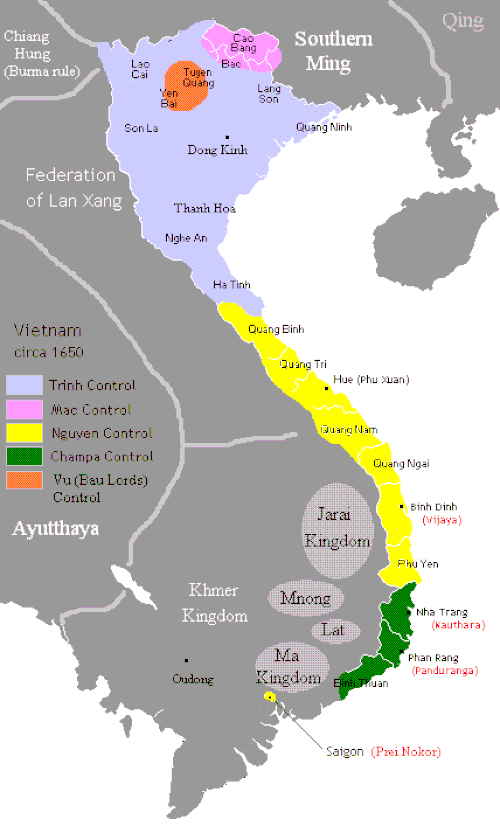 تُظهر خريطة فيتنام من عام 1627 تقسيم Đại Việt بين أسرة Nguyễn Lê تحت سيطرة عشيرة Trịnh Mạc باعتبارها دولة مملكة تشامبا.