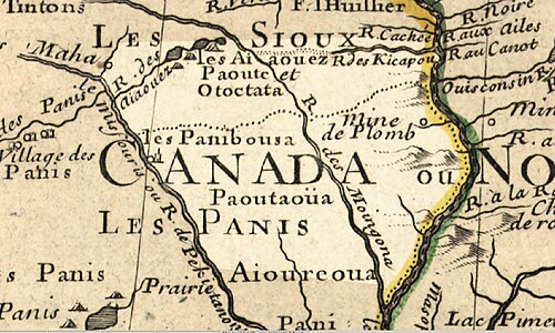 خريطة لولاية أيوا تعود لعام 1798 تُظهر العديد من قبائل السكان الأصليين الأمريكيين، بما في ذلك قبائل باوني، وأيواي، وداكوتا، وأوماها.