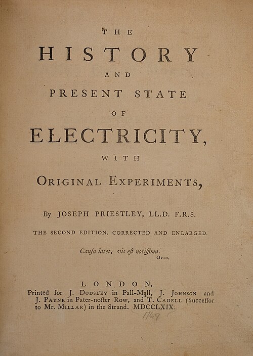 صفحة العنوان لكتاب تاريخ الكهرباء وحالتها الراهنة (1769)