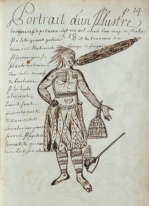 صفحة من المخطوطة الكندية (Codex canadensis)، من تأليف لويس نيكولاس، حوالي عام 1675 إلى 1682، تُظهر زعيمًا من السكان الأصليين لأمريكا يستخدم مكبر صوت مصنوعًا من لحاء الشجر.
