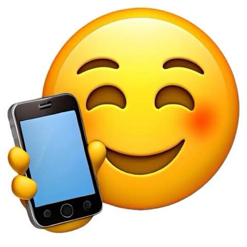 رمز تعبيري مبتسم يحمل هاتفًا ذكيًا