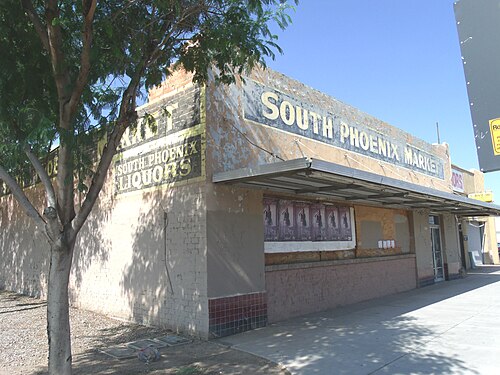 The South Phoenix Market building was built in 1948 and is located at 4341 S. Central Avenue. This property is recognized as historic by the Asian American Historic Property Survey of the City of Phoenix.