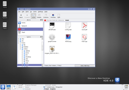 KDE 4.0 Alpha 1، يعرض أيقونات دولفين وأكسجين المبكرة