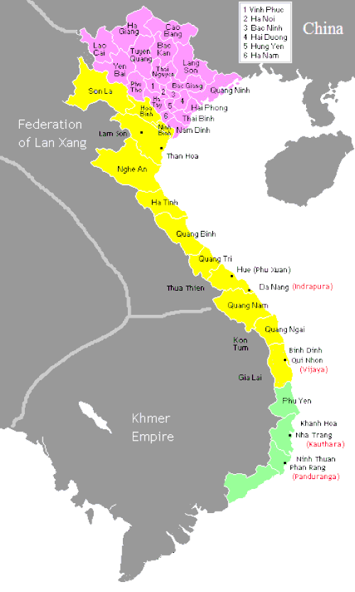 خريطة فيتنام من عام 1540 إلى عام 1592 خلال فترة السلالات الجنوبية والشمالية تُظهر تقسيم Đại Việt بين سلالة Mạc وسلالة Lê تحت قيادة Nguyễn Kim مملكة Champa.