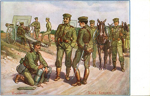 رجال المدفعية اليونانيون يرتدون الزي الكاكي الجديد الذي تم تقديمه في عام 1908