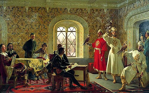 السفير هوراشيو كالفوتشي يرسم الصقور المفضلة لدى القيصر ألكسيس الأول (1889)