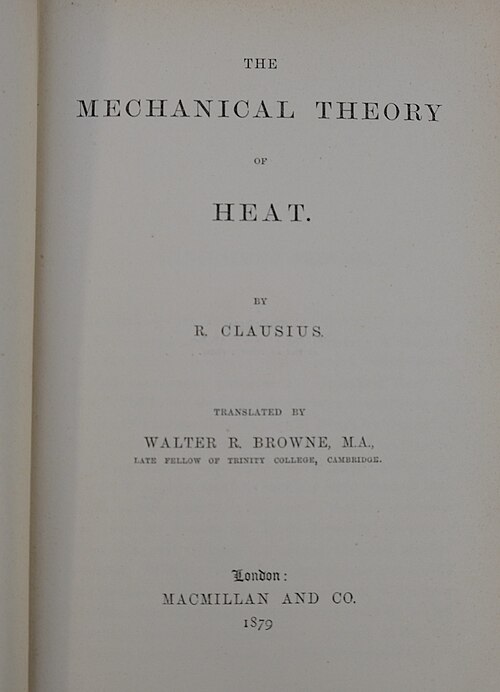 صفحة عنوان ترجمة إنجليزية صدرت عام 1879 لكتاب كلاوزيوس "النظرية الميكانيكية للحرارة".