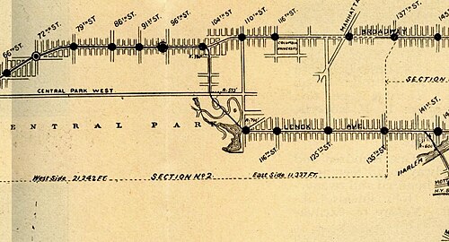 تُظهر خريطة مترو الأنفاق لعام 1904 نفق مترو الأنفاق التابع لشركة IRT غرب بحيرة هارلم مير مباشرةً.