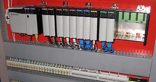 وحدة تحكم منطقية قابلة للبرمجة (PLC) معيارية مزودة بوحدة EtherNet/IP، ووحدات إدخال/إخراج رقمية وتناظرية، مع وجود بعض الفتحات الفارغة.