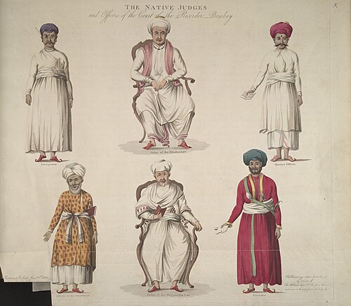 نقش ملون للقضاة والمسؤولين في القانون الهندوسي (الصف العلوي) والقانون الإسلامي (الصف السفلي) في محكمة التسجيل في بومباي، 1805.