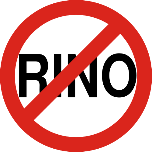 كلمة "RINO" داخل دائرة، مع خط أحمر يشير إلى النفي.