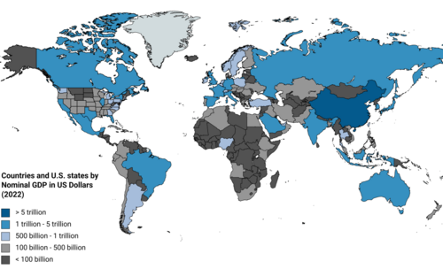 لو كانت كاليفورنيا دولة مستقلة، لكان ناتجها المحلي الإجمالي (بالقيمة الاسمية) يحتل المرتبة الخامسة في العالم (2022).