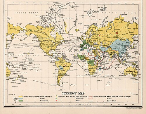 خريطة لأنظمة العملات العالمية. 1907 الدول التي تعتمد معيار الذهب مُظللة باللون الأصفر، والدول التي تعتمد معيار الفضة مُظللة باللون الأزرق، والدول التي تعتمد معيار المعدنين مُظللة باللون الأخضر.