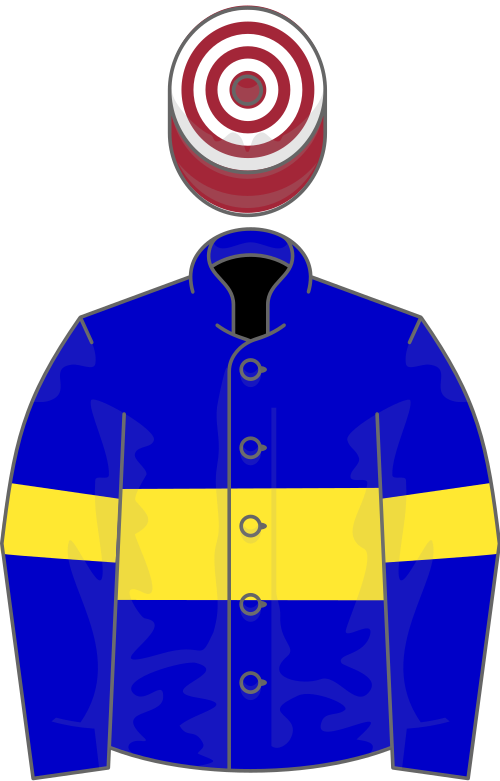 Blue, yellow hoop and armlets, maroon and white hooped cap