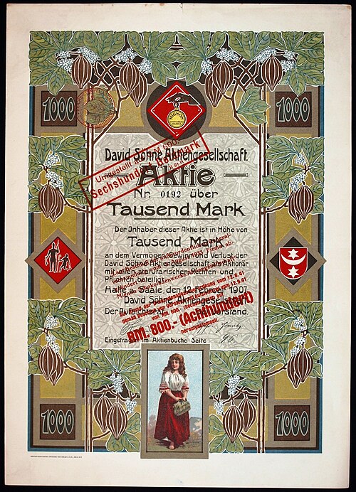 شهادة أسهم بقيمة تزيد عن 1000 مارك لشركة David Söhne AG، بتاريخ 12 فبراير 1907