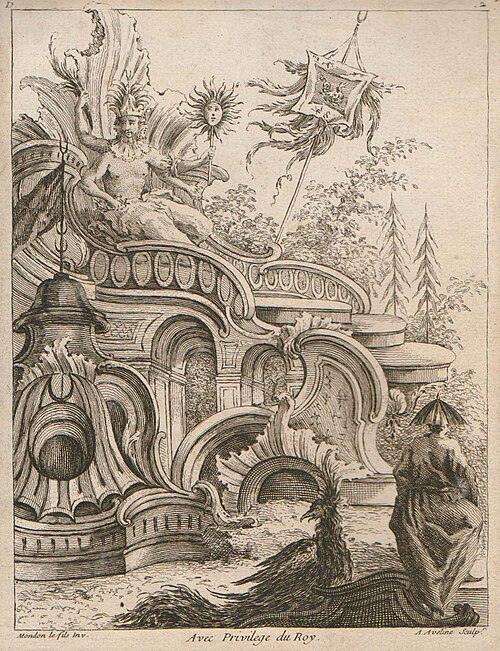 A. Avelin بعد Mondon le Fils. الله الصيني. نقش من الزجاج «Quatrieme livre desformes, orneė des rocailles, carteles, Figures oyseaux et dragon» 1736