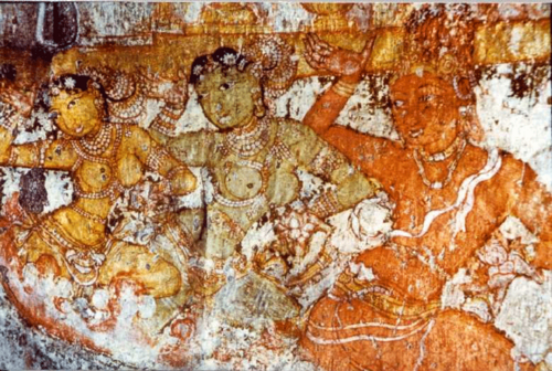 لوحة جدارية من عصر تشولا تصور فتيات راقصات. معبد بريهاديسفارا، حوالي عام 1100.