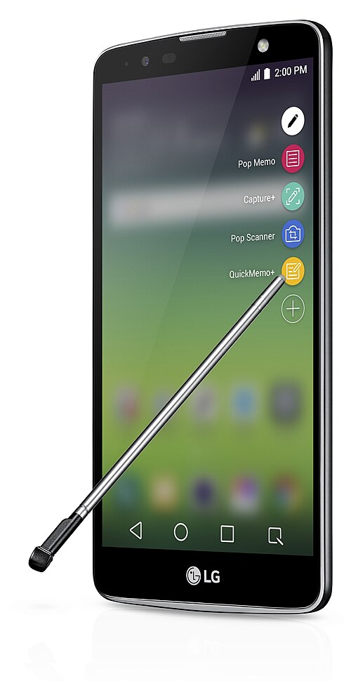 An LG Stylo 2 Plus smartphone, with its integrated stylus
