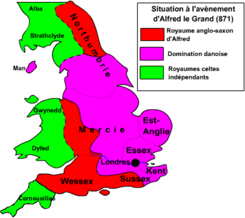 Wessex and areas under its control in 871.