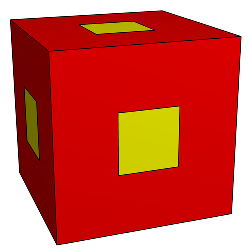 (الجنس 0)، بستة أوجه ذات ثقب واحد. V=32، E=36، F=12، H=6. متصل بـ 7