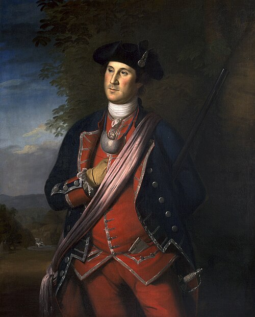 صورة للعقيد جورج واشنطن رسمها تشارلز ويلسون بيل عام 1772 تظهر قلادة واشنطن، التي أهدتها مارثا بارك كوستيس بيتر إلى جوزيا كوينسي الثالث في مارس 1813 في تيودور بليس.