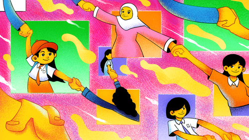 رسم توضيحي لأشخاص مختلفين مرسومين باللون الأصفر يقفون في مربعات ملونة مختلفة، جميعهم يمسكون بأيدي بعضهم ويبتسمون.