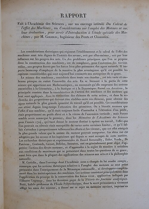 صفحة تمهيدية لنسخة 1829 من "Du Calcul de L'Effet Des Machines"