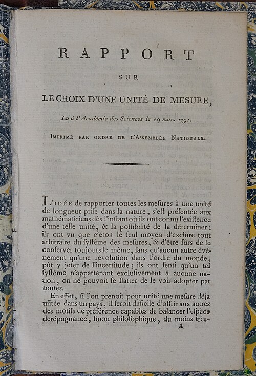 الصفحة الأولى من نسخة 1791 من كتاب "Rapport sur le choix d'une Unité de Mesure" بقلم كوندورسيه وجان تشارلز دي بوردا