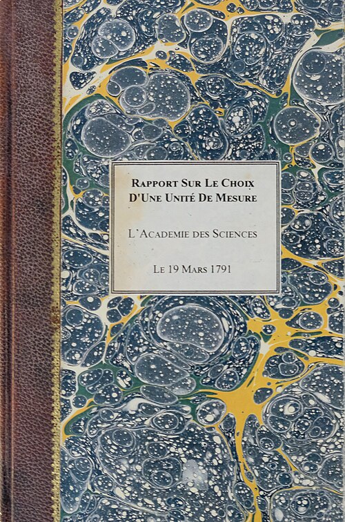 صفحة الغلاف لنسخة 1791 من كتاب "Rapport sur le choix d'une Unité de Mesure" بقلم كوندورسيه وجان شارل دي بوردا