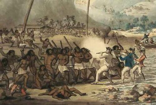 نسخة مُقتطعة من اللوحة الأصلية التي رسمها كليفلي والتي تم اكتشافها في عام 2004 وتصور الكابتن كوك وطاقمه وهم يحاولون الفرار