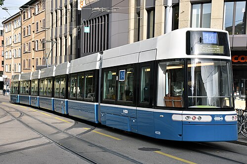 A Bombardier Flexity low-floor tram on typical VBZ street track