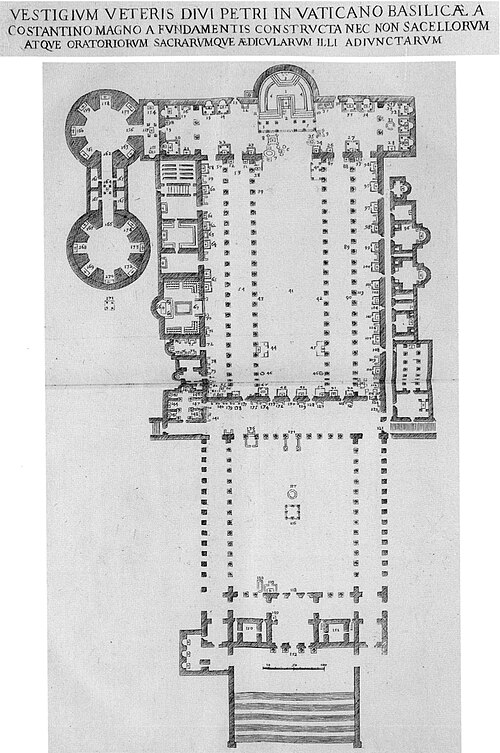 مخطط أرضي من تصميم تيبيريو ألفارانو، حوالي عام 1590، يحدد مواقع الكنائس والمقابر الأصلية