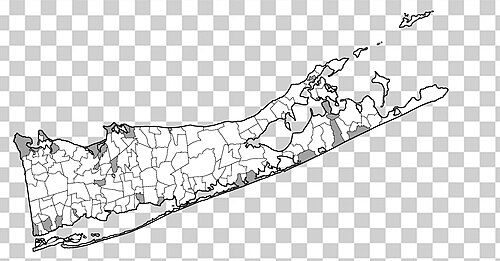 A map outlining the villages (grey), hamlets, and CDPs of Suffolk County.