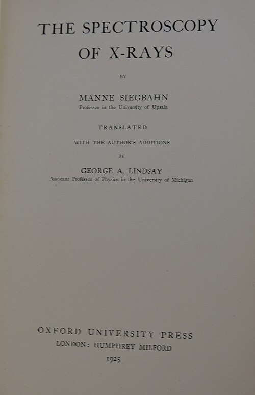 صفحة العنوان لكتاب "مطيافية الأشعة السينية" (1925)