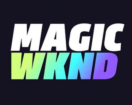 شعار منمق، "MAGIC WKND"، نص متعدد الألوان على خلفية زرقاء داكنة.