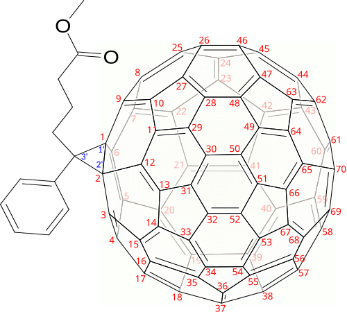 C71-PCBM، [1,2]-isomer. اسم IUPAC هو ميثيل 4-(3'-فينيل-3'H-سيكلوبروبا[1,2](C70-D5h(6))[5,6]فوليرين-3'-يل)بوتيرات.