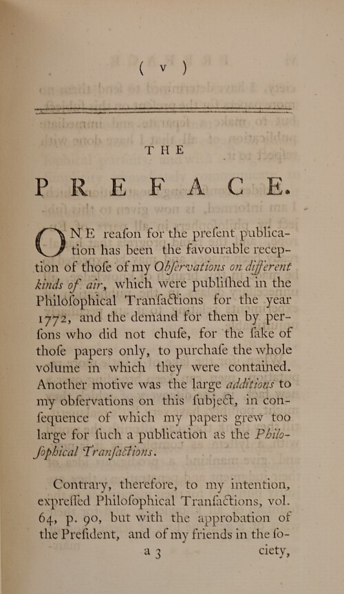 مقدمة المجلد الأول من كتاب التجارب والملاحظات على أنواع مختلفة من الهواء (1774)