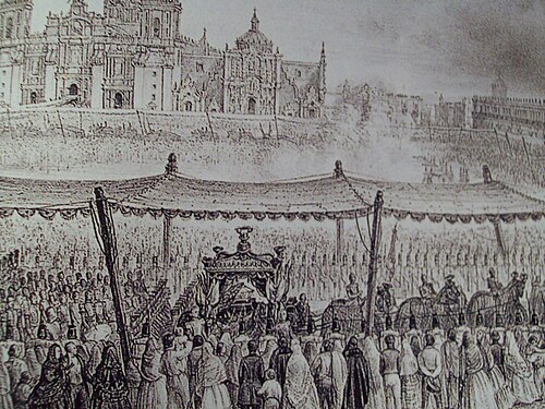 نقل رفات إيتوربيدي إلى كاتدرائية مكسيكو سيتي. طبعة حجرية من ملحق إغناسيو لعام 1849، نُشرت في كتاب "وصف مراسم الجنازة التي كُرّمت بها رفات بطل إيغوالا".
