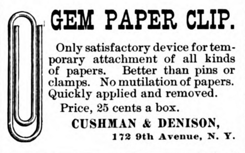 إعلان مشبك ورق GEM، يناير 1893، من شركة كوشمان ودينيسون