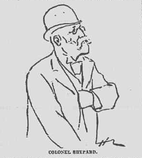 Line drawing of bespectacled, mustached man in a derby hat