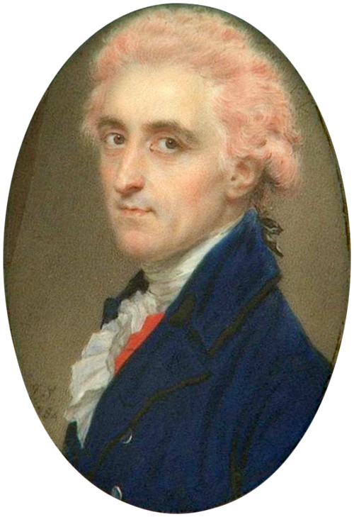 الكولونيل جيمس هاميلتون بريشة جون سمارت (1784)، يرتدي شعرًا مستعارًا أبيض اللون مغطى بمسحوق وردي اللون.