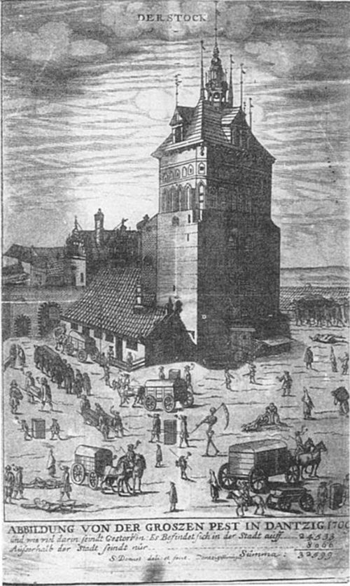 نقش خشبي معاصر يصور الطاعون العظيم في دانزيغ (1709): تهيمن بوابة المدينة المحصنة والبرج على المشهد بينما تنقل العربات الجثث، ويعمل حفاري القبور، ويتحرك سكان المدينة عبر الشوارع؛ ويشير التعليق الألماني أدناه إلى عدد القتلى.