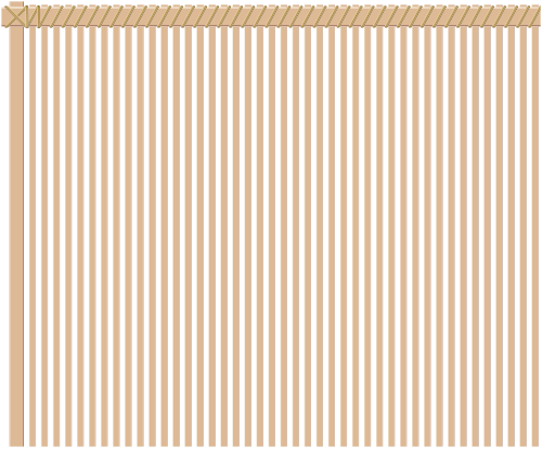 رسم تخطيطي لتقنية تجديل الخيزران ذات الألف خط؛ حيث يتم تجديل الشرائط على طول قضيب في الأعلى، وتتدلى منه في خطوط مستقيمة.