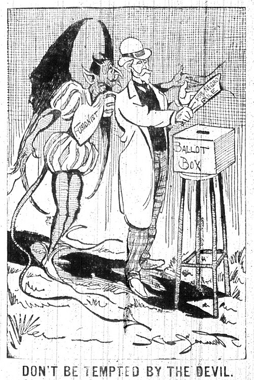 رسم كاريكاتوري سياسي. شيطانٌ كُتب على صدره "اندماجي" يهمس في أذن رجل أبيض أنيق، على وشك وضع ورقة كُتب عليها "من أجل حكم الزنوج" في صندوق الاقتراع. ويُقرأ التعليق: "لا تدع الشيطان يُغريك".