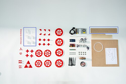 مكونات طابعة Hangprinter V3. الأجزاء الحمراء والأجزاء البيضاء في المربع الأزرق مطبوعة بتقنية الطباعة ثلاثية الأبعاد.
