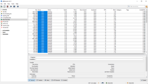 صورة لواجهة برنامج qbittorrent؛ وهو برنامج تورنت شائع نظرًا لتصميمه المجاني والمفتوح المصدر.