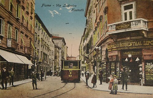 الترام في رييكا، شارع إل. كوسوث، حوالي عام 1910